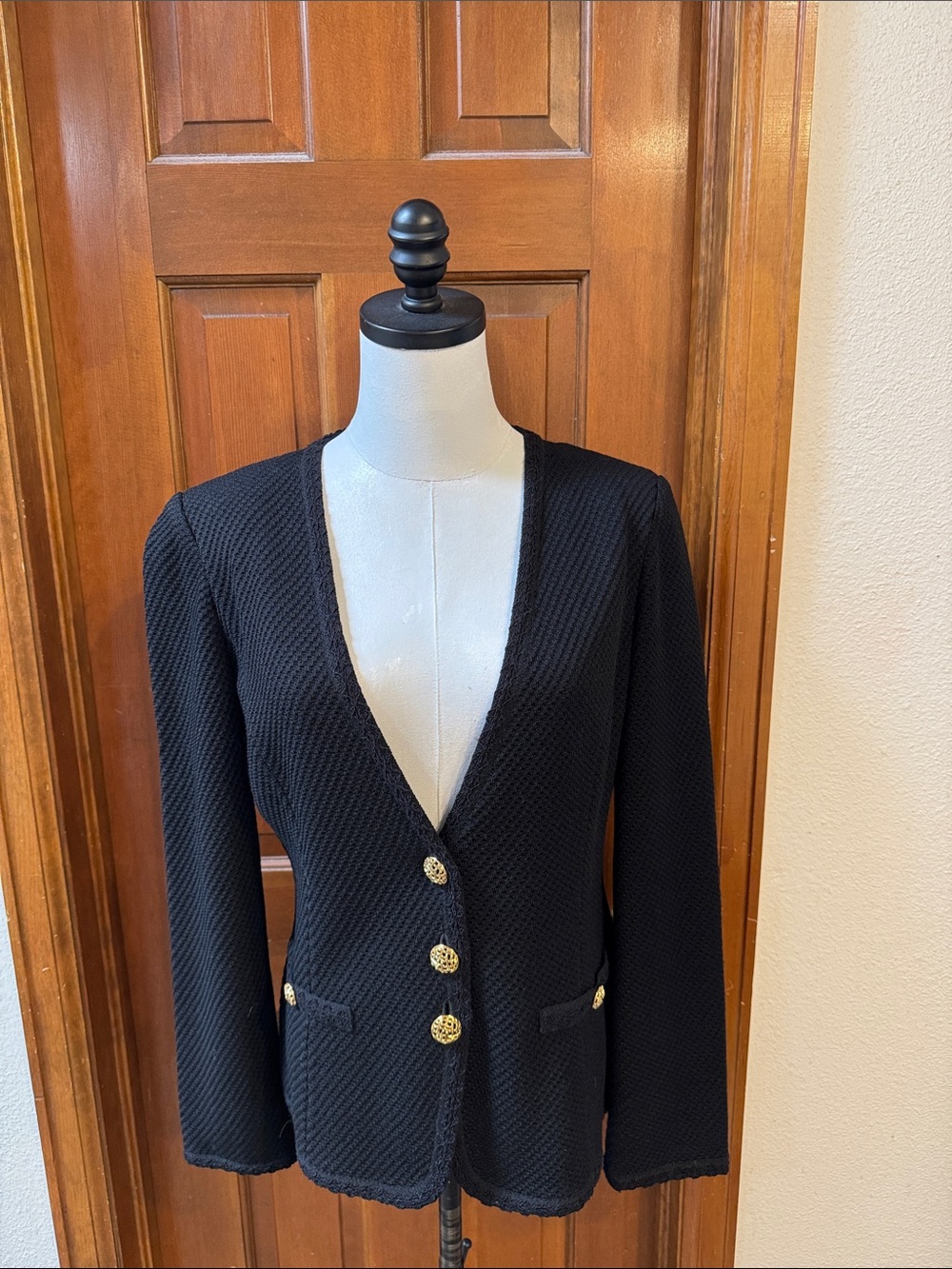 St. John Black Knit Blazer with Gold Buttons Size 8